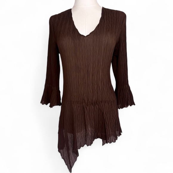 Vintage Tops - Y2K VINTAGE Brown Asymmetric Bell Sleeve Top Sheer 90s Fairy Grunge Goblin Sz M